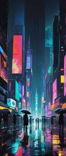 DALL-E online, futuristic cyberpunk cityscape, neon lights, holographic advertisements, skyscrapers, bustling streets, people in futuristic outfits, augmented reality contact lenses, high-tech gadgets