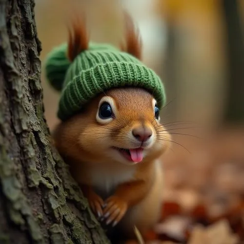 A delightful, close-up photograph of a cute fluffy squirrel peeking mischievously from behind a tree, wearing a funny green knitted hat. Its tiny pink tongue sticks out in a gesture of pure joy. The s