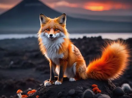 Lolita lava fox, fiery orange fur, fluffy tail, cute whiskers, shimmering eyes, sparkling collar with tiny bells, sitting on a mushroom, volcanic landscape, misty atmosphere, dark rocks, glowing lava 