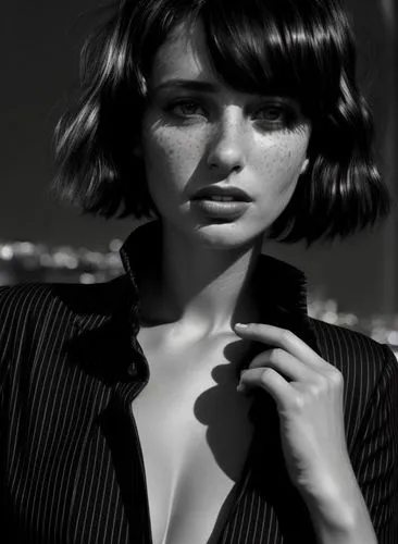 BLACK & WHITE PHOTO, film noir lights night city backdrop, very short shaved hair, windy, remove hand, light freckles, 32 years old woman, beautiful, lights and shadows, street light glares, blemishes