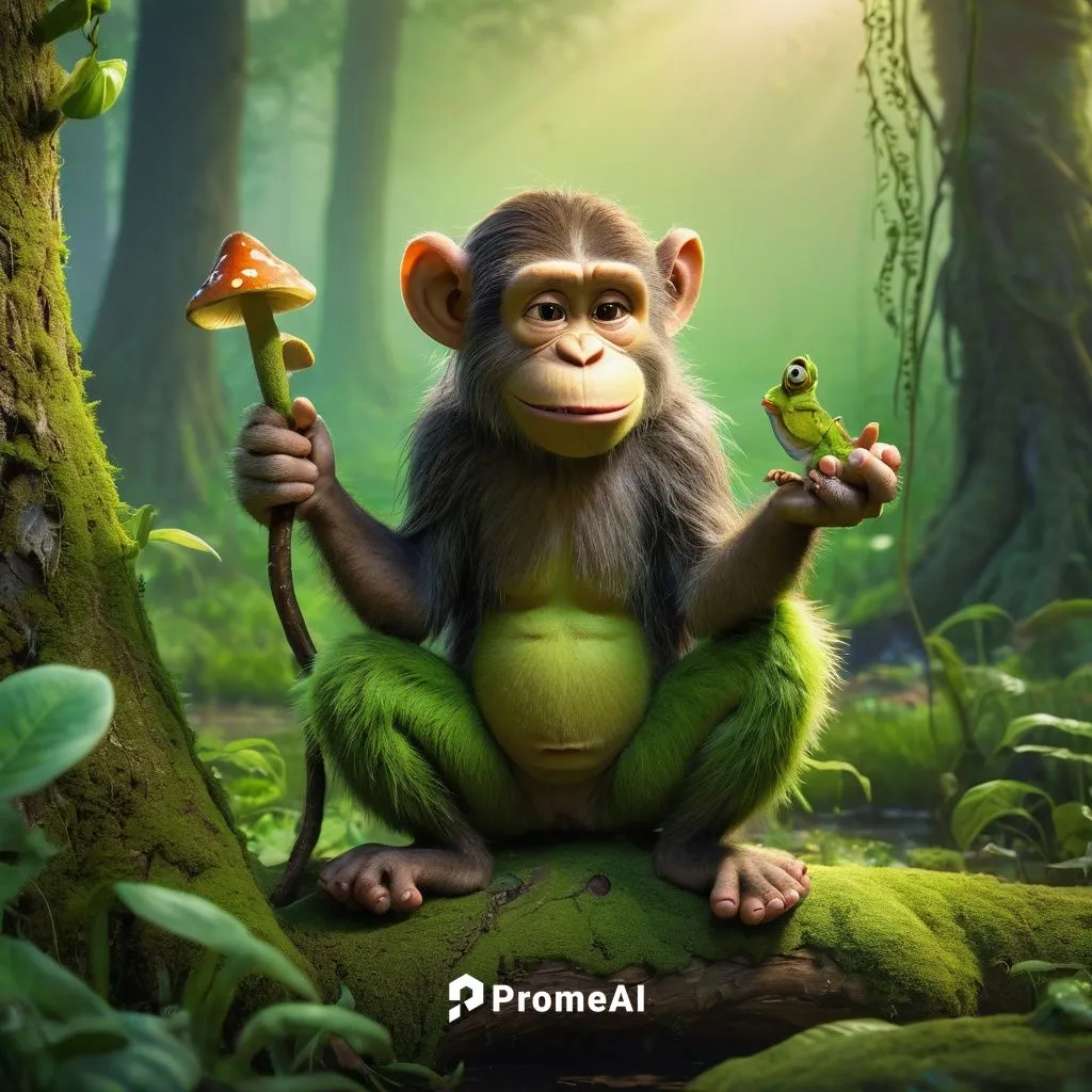 Green swampy environment, Shrek-like atmosphere, funny monkey, big ears, goofy eyes, messy fur, sitting on a mushroom, holding a fish, ripped vest, bare feet, mud on face, playful expression, bright g