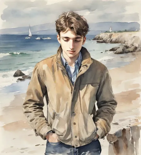 man at the sea,watercolor,young man,version john the fisherman,artist portrait,el mar,john lennon,photo painting,watercolor background,italian painter,watercolor painting,digital painting,by the sea,bay,watercolor sketch,watercolor blue,on the shore,male poses for drawing,water color,beach background