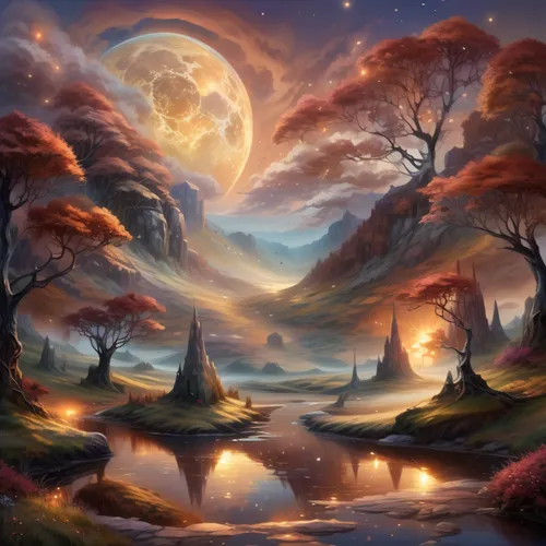 fantasy landscape,lunar landscape,fantasy picture,mushroom landscape,fantasy art,landscape background,autumn landscape,forest landscape,moonscape,fairy forest,fairy world,moonlit night,nature landscape,forest of dreams,dreamland,enchanted forest,dream world,autumn background,fall landscape,valley of the moon