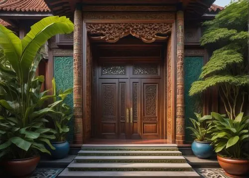 Modern dau architecture, intricate wooden carvings, vibrant colorful tiles, ornate decorations, grand entrance, curved rooflines, detailed stonework, lush greenery surroundings, misty morning atmosphe