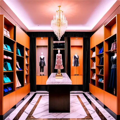 Luxury boutique, high-end fashion store, elegant interior design, marble floors, crystal chandeliers, velvet curtains, wooden shelves, display cases, mannequins, designer clothing, jewelry, accessorie