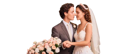 Romantic couple, intimate embrace, gentle kiss, soft focus, dreamy eyes, curly brown hair, elegant makeup, flowing white wedding dress, suit and tie, tenderly holding hands, warm candlelight, vintage 