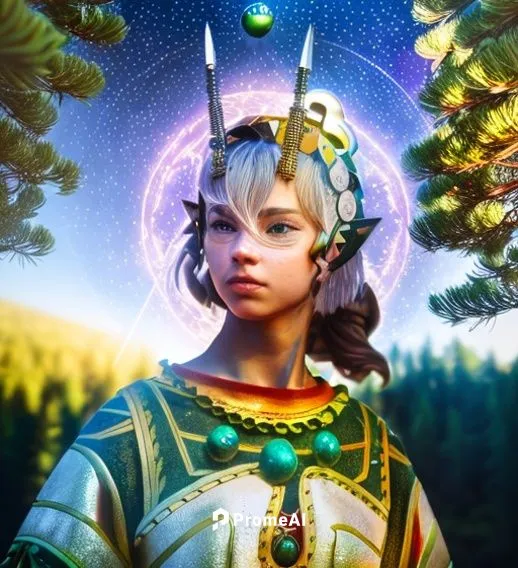 a warrior girl inside a magical sphere with a pine forest in the background,fantasy portrait,fae,bjork,mystical portrait of a girl,fantasy picture,druid,pachamama,ora,aurora,lakshmi,artemisia,anahata,