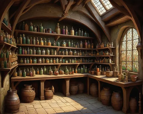 apothecary,potions,candlemaker,brandy shop,soap shop,pantry,potter's wheel,pharmacy,alchemy,bottles,wine cellar,victorian kitchen,perfume bottles,oils,cellar,hobbiton,shelves,jars,reagents,potion,Illustration,Realistic Fantasy,Realistic Fantasy 05