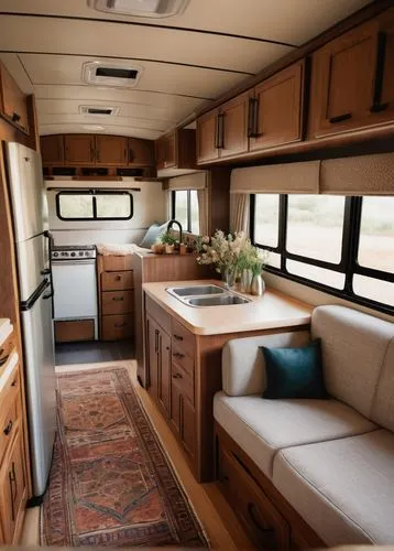 Cozy camper interior, modern minimalist decor, soft cream-colored walls, wooden cabinets with metal handles, plush beige couch, large windows with curtains, coffee table with a vase of wildflowers, wa