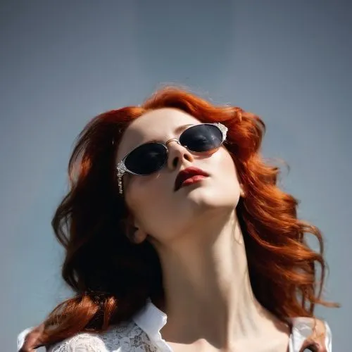 a woman wearing sunglasses looks upwards at the sky,ceremonials,sunglasses,hatun,sunglass,redhair,rousse