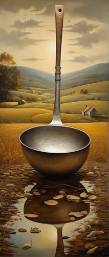 Create a poetic description of a ladle reflecting the beauty and simplicity of a rural setting.,ladle,ladles,saucepan,egg spoon,cooking spoon,wooden spoon,a spoon,surrealism,utensils,spoon,sauce boat,