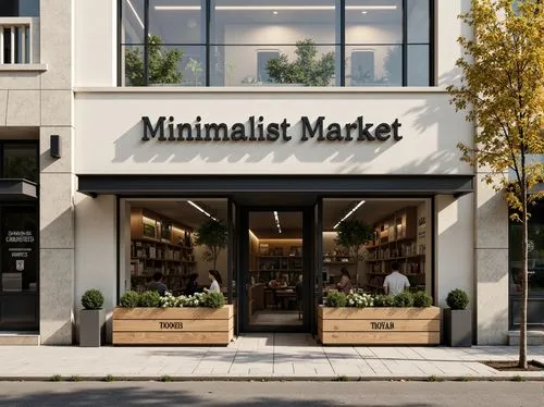 Minimalist market facade, neutral color palette, clean lines, simple typography, subtle branding, natural stone cladding, large glass windows, steel frames, industrial chic aesthetic, urban context, b