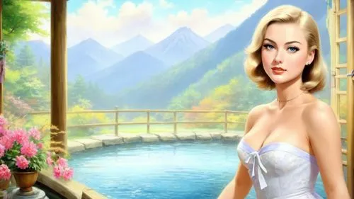 the blonde in the river,cartoon video game background,landscape background,marylyn monroe - female,connie stevens - female,marilyn monroe