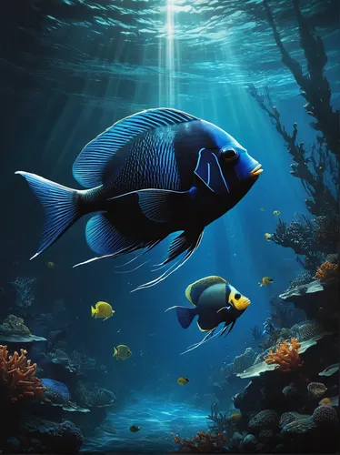 Craft a suspenseful scene where a blue angel fish encounters a dangerous predator in the dark depths of the sea.,pallet surgeonfish,lemon surgeonfish,blue fish,imperator angelfish,blue stripe fish,coe