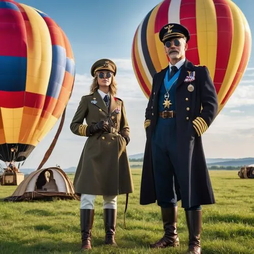 Close-up of two young, 33 years old ladies in front of a hot air ballon with typical equipment, standing on a green meadow with other ballons in the air, airport in the backdrop,hot air balloon rides,