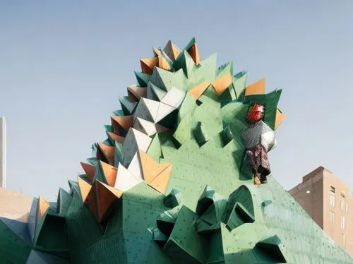 climbing wall,gaudí,climbing garden,public art,green dragon,sagrada familia,green folded paper,stegosaurus,alligator sculpture,garden sculpture,building honeycomb,environmental art,3d albhabet,crocodile woman,saudi arabia,rubber dinosaur,polygonal,pigeon house,algeria,pigeons piles,Architecture,General,Masterpiece,Postmodern Brutalism