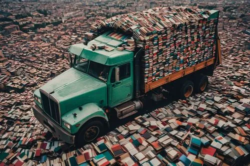 a giant truck dumping millions of books over a city,scrap truck,pile of books,recycling world,cartload,truckload,carton boxes,bookspan,uncontainable,truckloads,bookmobile,tetris,stack of books,unloade