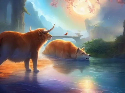 riverclan,starclan,skyclan,thunderclan,mountain cows,highland cow,highland cattle,fantasy picture,oxen,unicorn background,two cows,horned cows,epona,fantasy animal,leafstar,mountain cow,vacas,fantasy 