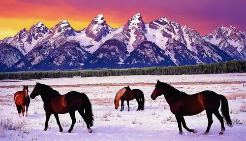 teton sunset horses limited-edition print by Jay Goodrich,wild horses,beautiful horses,grand teton,horse herd,grand tetons,teton,snowy mountains,wild horse,equines,white horses,horses,warm-blooded mar