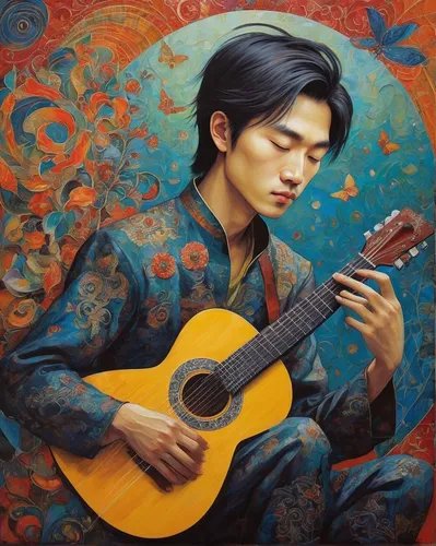 classical guitar,choi kwang-do,cavaquinho,guitar player,musician,guitar,luo han guo,charango,concert guitar,jazz guitarist,persian poet,guitarist,flamenco,han thom,serenade,songpyeon,chinese art,shamisen,mandolin,violin player,Illustration,Abstract Fantasy,Abstract Fantasy 07