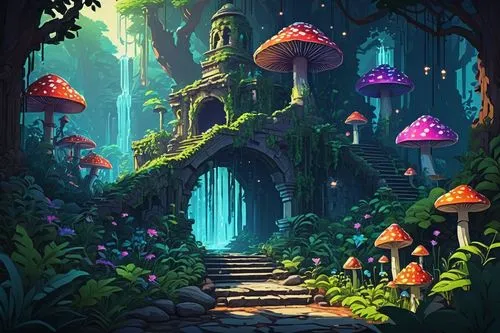 mushroom landscape,fairy village,mushroom island,fairy forest,fairy world,elven forest,enchanted forest,cartoon forest,fairytale forest,fantasy landscape,forest mushrooms,fairy house,mushrooms,forest mushroom,forest of dreams,forest floor,fairy chimney,3d fantasy,the forest,druid grove,Conceptual Art,Oil color,Oil Color 13