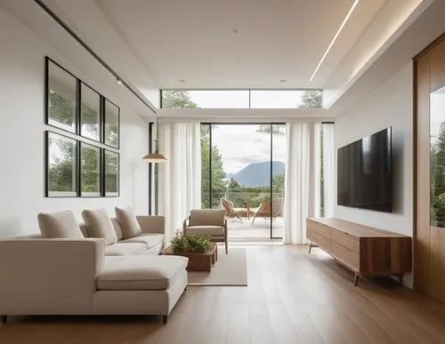 Spacious modern living room, floor-to-ceiling windows, sliding glass doors, minimal window frames, transparent glass railings, natural wood accents, creamy white walls, plush area rugs, comfortable so