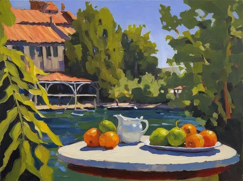 mirepoix,summer still-life,orange tree,boathouse,oranges,l'isle-sur-la-sorgue,tangerines,autumn still life,green oranges,moret-sur-loing,oil painting,house by the water,oil on canvas,oranges half,on the river,pont d'avignon,summer cottage,river landscape,apricots,gristmill,Art,Classical Oil Painting,Classical Oil Painting 43