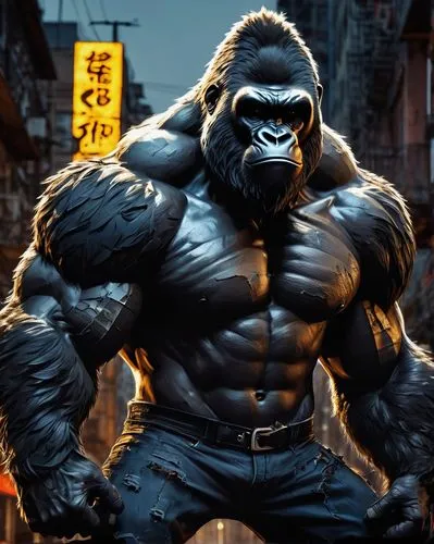 Fierce gorilla, Grodd art style, muscular body, detailed fur texture, intense eyes, sharp teeth, powerful chest, strong arms, clenched fists, ripped pants, torn shoes, urban graffiti background, city 