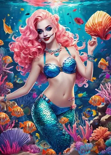 Harley Quinn, mermaid, aquatic princess, pink and blue hair, seashell bra, glittery tail, scaly legs, shiny fins, seductive pose, underwater kingdom, coral reef, ocean plants, schools of fish, sunken 