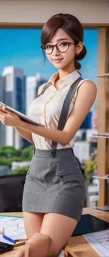 Professional architectural designer, young adult, 25-30yo, glasses, neat hair, formal attire, holding a tablet and pencil, standing in front of a large desk with architectural models and blueprints, m