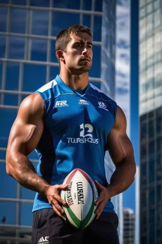 Rugged, muscular man, rugby player, athletic build, short hair, determined expression, wearing rugby uniform, holding rugby ball, standing in front of modern, sleek, glass-and-steel Albuquerque NM sky