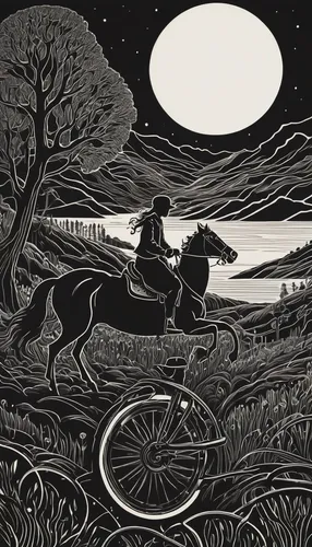 Create a somber and contemplative poem about the banned joy of riding.,olle gill,cool woodblock images,woodcut,cyclist,cyclists,man and horses,bicycling,plough,woman bicycle,artistic cycling,bicycle,b