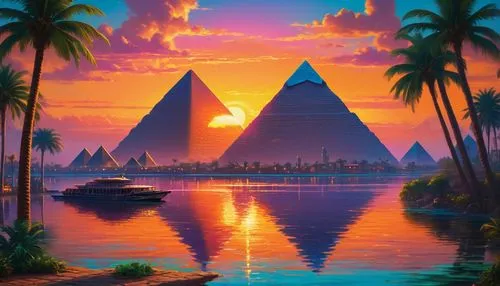 A breathtaking landscape of ancient Egypt with pyramids and the Nile River at sunset, intricately crafted in hyper-realistic oil on canvas, evoking a sense of majestic wonder, as if the viewer is stan