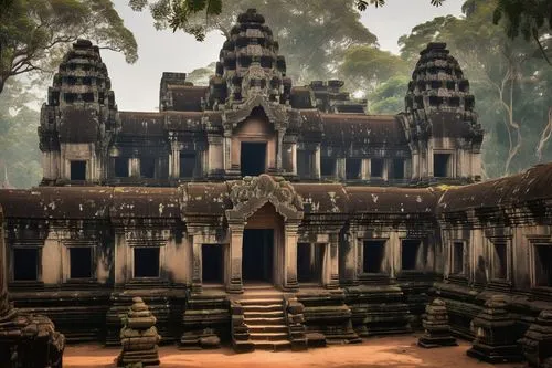 Ancient Angkor Wat architecture, intricate carvings, ornate decorations, tall spires, grand entrance, stone walls, lush jungle surroundings, vines crawling up the structures, exotic tropical plants, m