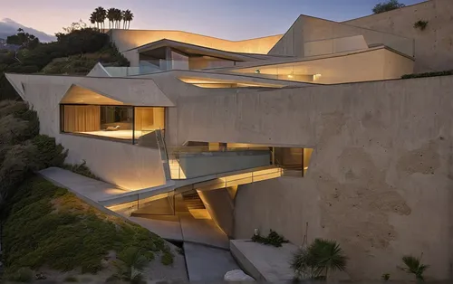 use origin shape.
location - Hollywood hills CA.
private residential building.
waterfall in the middle of hill
,dunes house,exposed concrete,modern architecture,cliff dwelling,futuristic architecture,