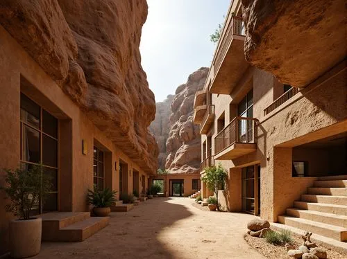 Rugged canyon terrain, weathered rock formations, sandy sedimentary layers, earthy tone buildings, natural stone walls, rough-hewn wooden accents, rusty metal details, woven fiber textiles, organic cu