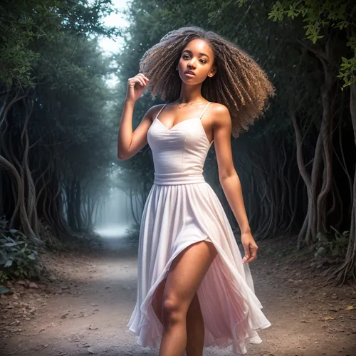 Pretty white girl,ballerina in the woods,girl in a long dress,tiana,african american woman,portrait photography,girl in white dress,faerie,mystical portrait of a girl,a girl in a dress,fusion photogra