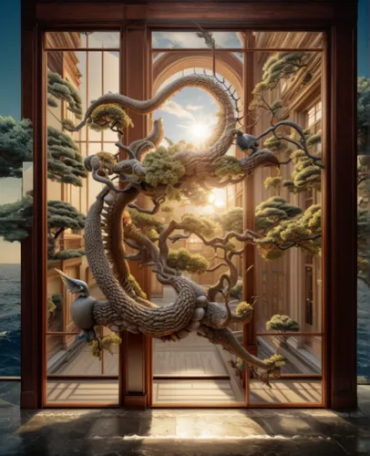 the sky like wide, blue sea. The loong flies over the sea.,chinese dragon,japanese garden ornament,chinese screen,japanese-style room,sōjutsu,ryokan,dragon li,chinese water dragon,chinese temple,wyrm,