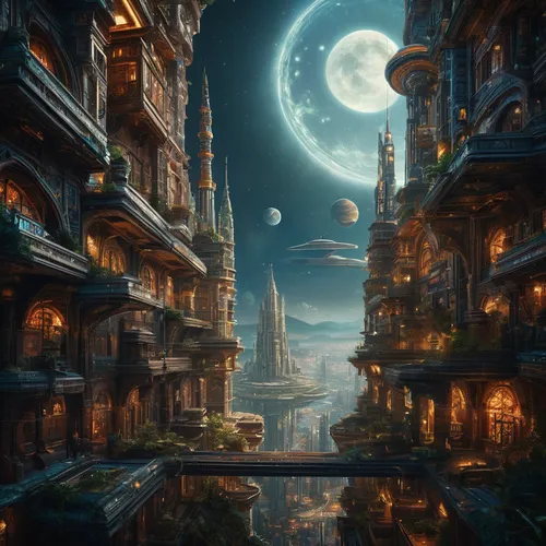 fantasy landscape,fantasy picture,fantasy art,ancient city,fantasy city,3d fantasy,lunar landscape,world digital painting,fantasy world,sci fiction illustration,moonlit night,moonlit,phase of the moon,dream world,moonscape,hanging moon,dreamland,moon valley,myst,futuristic landscape