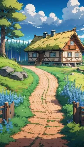 butka,studio ghibli,ghibli,cartoon video game background,log home,summer cottage,Illustration,Japanese style,Japanese Style 03