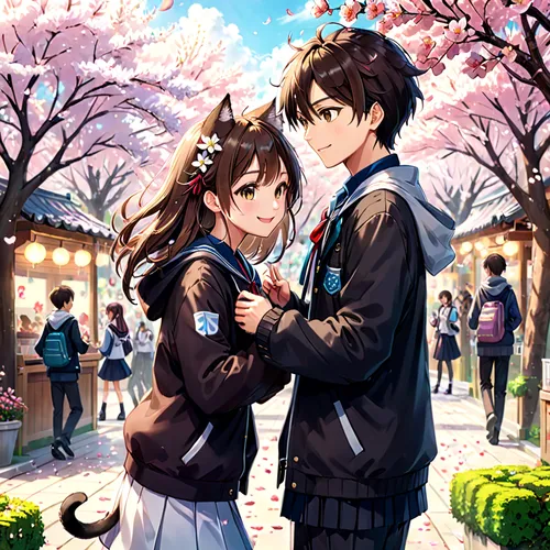 the cherry blossoms,cherry blossoms,cold cherry blossoms,almond blossoms,sakura blossoms,spring blossoms,japanese sakura background,takato cherry blossoms,sakura tree,sakura trees,sakura flowers,cherry blossom festival,blossoms,cherry blossom,sakura cherry blossoms,young couple,almond blossom,girl and boy outdoor,sakura background,sakura blossom,Anime,Anime,General