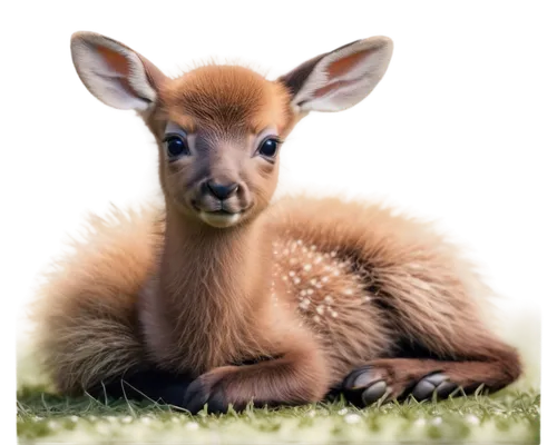 Newborn elk calf, lying down, soft brown fur, large eyes, innocent expression, tiny horns, fluffy ears, wobbly legs, white spots on back, green meadow background, warm sunlight, shallow depth of field