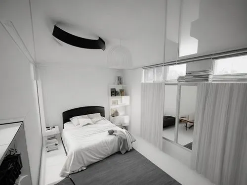 color white, black, gray, minimalism, modern
,modern room,canopy bed,loft,bedroom,sleeping room,sky apartment,room divider,guest room,inverted cottage,penthouse apartment,japanese-style room,shared ap