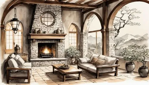 fireplace,fireplaces,christmas fireplace,fire place,inglenook,sitting room,chimneypiece,home landscape,country cottage,winter house,sunroom,family room,home interior,fireside,living room,cottage,mantels,fire in fireplace,alcove,wallcoverings,Illustration,Paper based,Paper Based 30