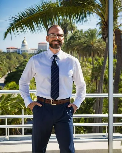 Florida licensed architect, mature man, (40yo), glasses, short brown hair, beard, white dress shirt, dark blue trousers, black leather belt, standing, Florida state capitol building, Tallahassee, sunn