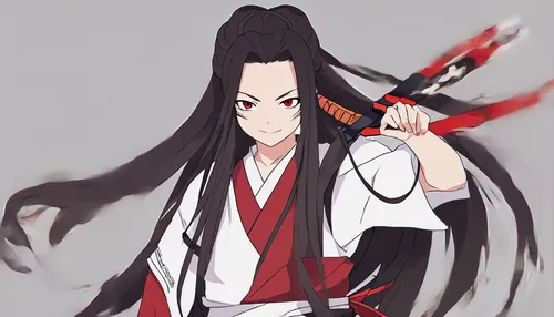 nezuko kamado fan art, original style, red demon eyes, samurai warrior style, long hair, hair white, full body, smile,wuxian,hiromasa,bingqian,qingyi,xuanwei,xuanze,jianghua,xuanxu,seigen,tiancheng,fa