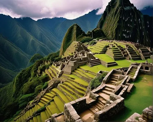 Incan architecture, ancient temple, stone structure, intricate carvings, vibrant textiles, Andean patterns, Machu Picchu, lush greenery, misty mountains, sunny day, dramatic clouds, warm lighting, cin