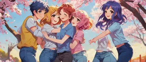 anime characters, group hug, colorful hair, bright eyes, smiling faces, casual wear, jeans, t-shirts, sneakers, lively atmosphere, warm sunlight, gentle breeze, cherry blossom trees, petals falling, s