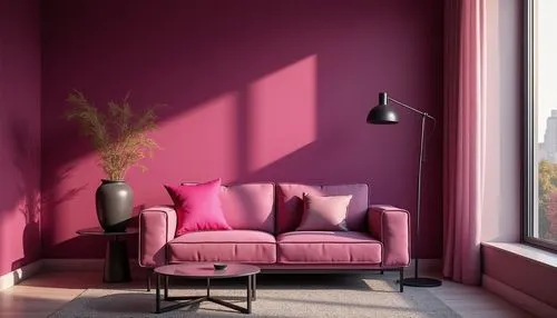 Magenta accent wall, modern living room, solo furniture, bold decorative vase, vibrant magenta throw pillows, sleek glass coffee table, minimalist floor lamp, softbox lighting, 3/4 composition, shallo