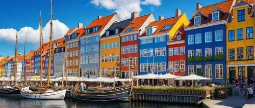 Nordic-inspired Danish architecture, modern urban design, Copenhagen cityscape, bright blue skies, few white clouds, historic Nyhavn harbor, colorful townhouses, ornate facades, steeply pitched roofs,